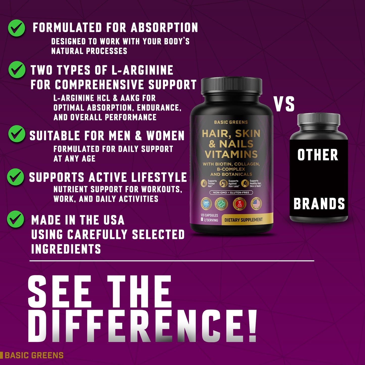 BASIC GREENS Hair, Skin & Nails Vitamins with Biotin 10000 mcg, Collagen & B-Complex – Supports Healthy Hair, Glowing Skin & Strong Nails – Non-GMO, Gluten-Free, 120 Capsules