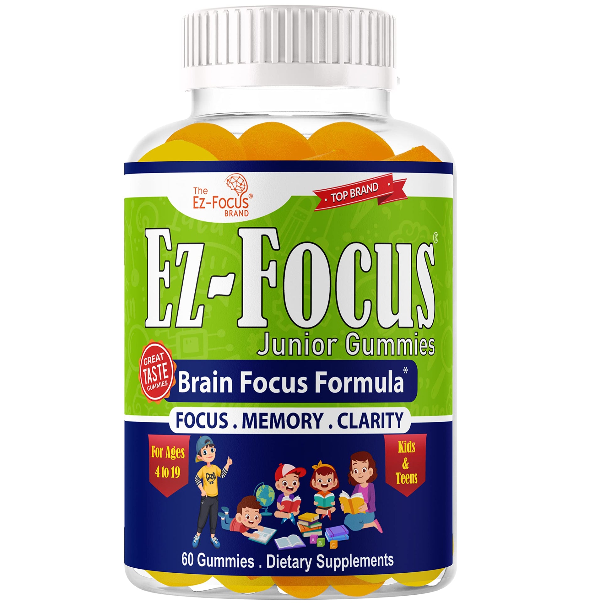 Ez-Focus Junior Brain Vitamins & Memory Supplements for Kids & Teens Gummy, 60 Count