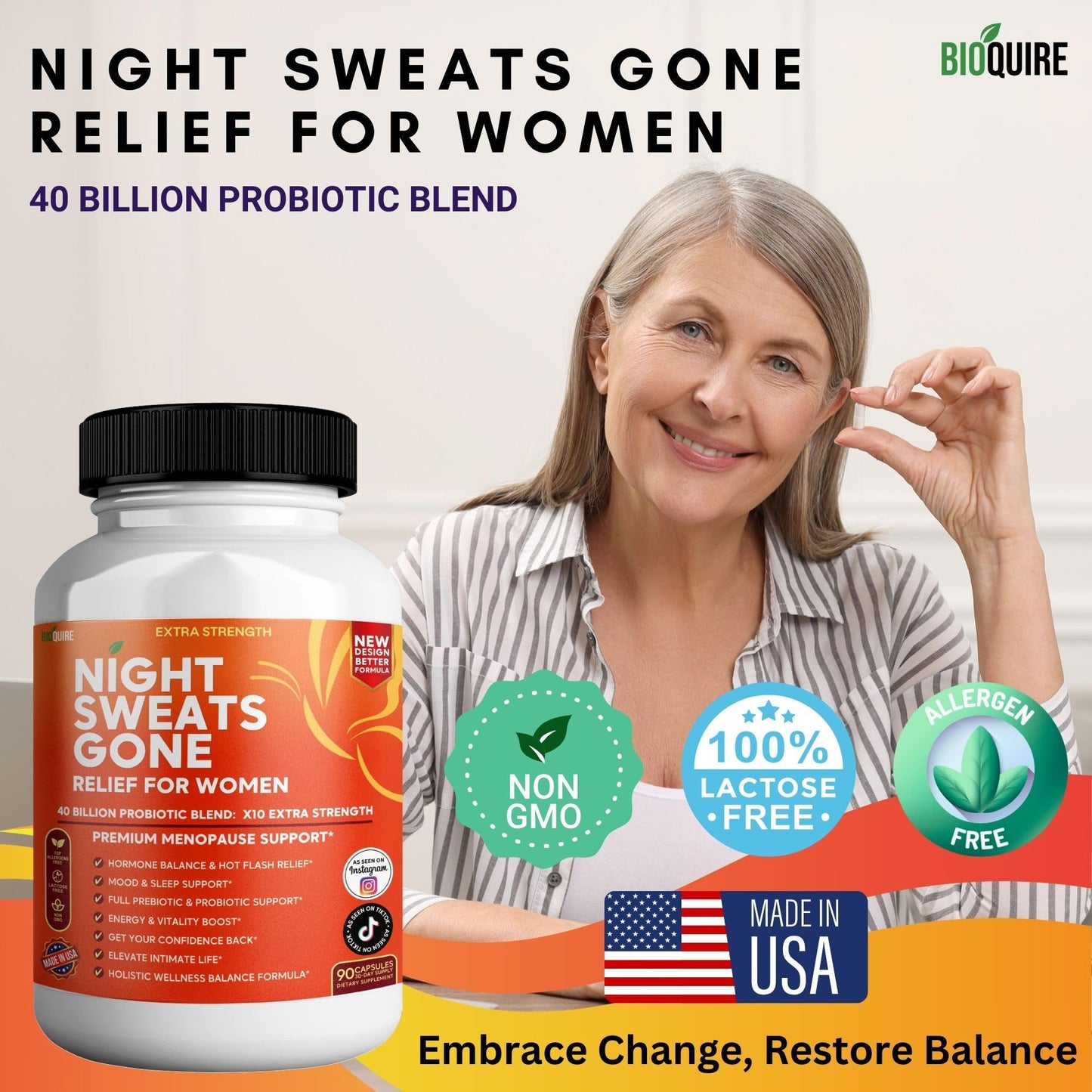 BIOQUIRE Night Sweats Gone - Menopause Relief for Women, 40 Billion Probiotic Blend, Hot Flash, Mood & Sleep Support, Energy & Vitality Boost, 90 Capsules
