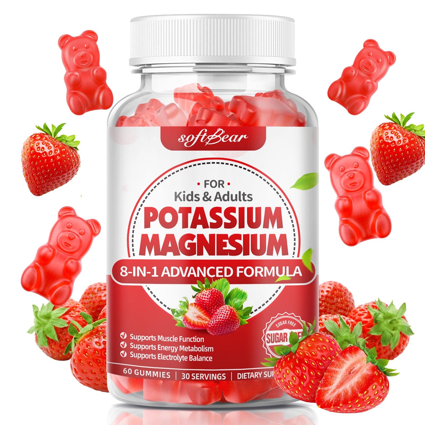 softbear Potassium Gummies for Adults, High Absorption Magnesium Potassium Supplement with Vitamin B6 for Leg Cramps & Muscle Health Sugar-Free Vegan Strawberry, 60 Gummies