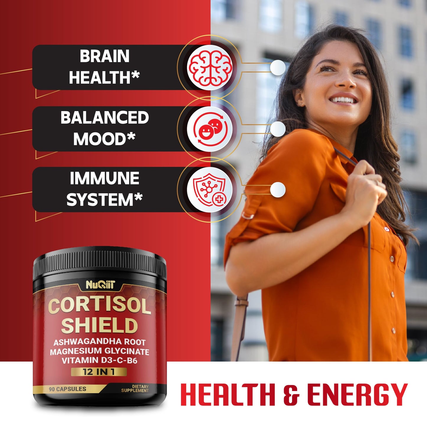 NUQIIT 12in1 Cortisol Shield - Ashwagandha and Magnesium & 10 More, 90 Capsules