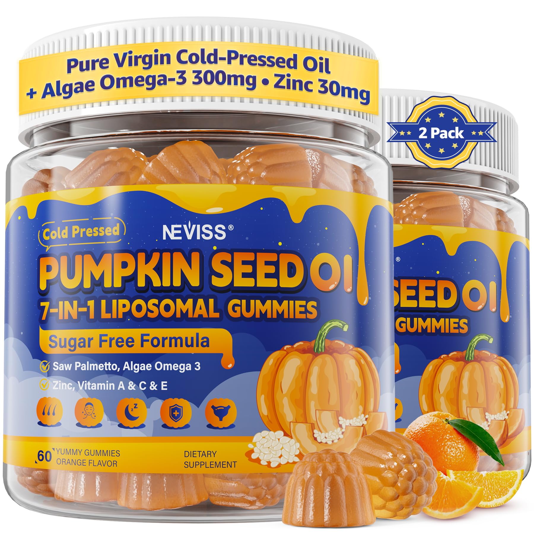 NEVISS Pumpkin Seed Oil Gummies + Saw Palmetto + Algae Omega-3, Zinc, VA, C & E - Essential Fatty Acid, Cold-Pressed Pumpkin Seed Supplement for Hair Growth, Skin, Urinary, Bladder, Prostate & Immune, 120 Gummies