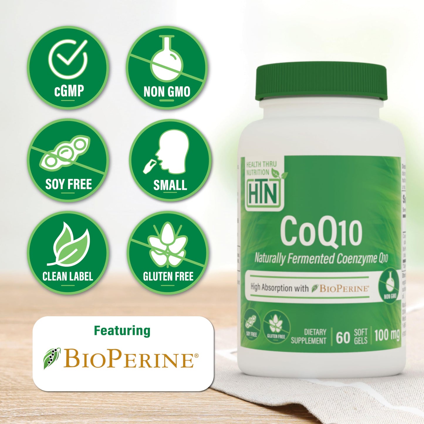 Health Thru Nutrition CoQ-10 100mg with BioPerine Softgels, 60 Count