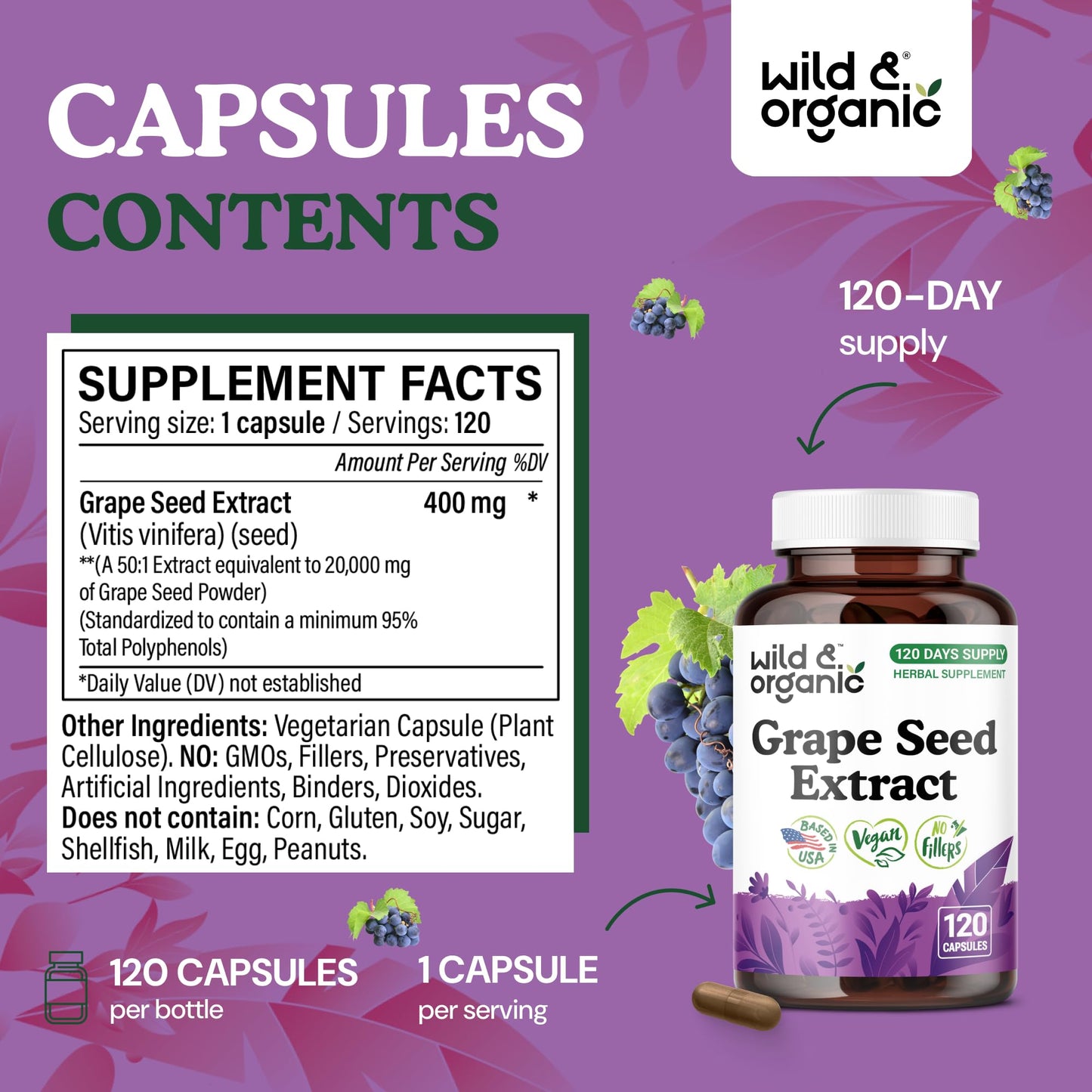 Wild & Organic Grape Seed Extract 120 Capsules