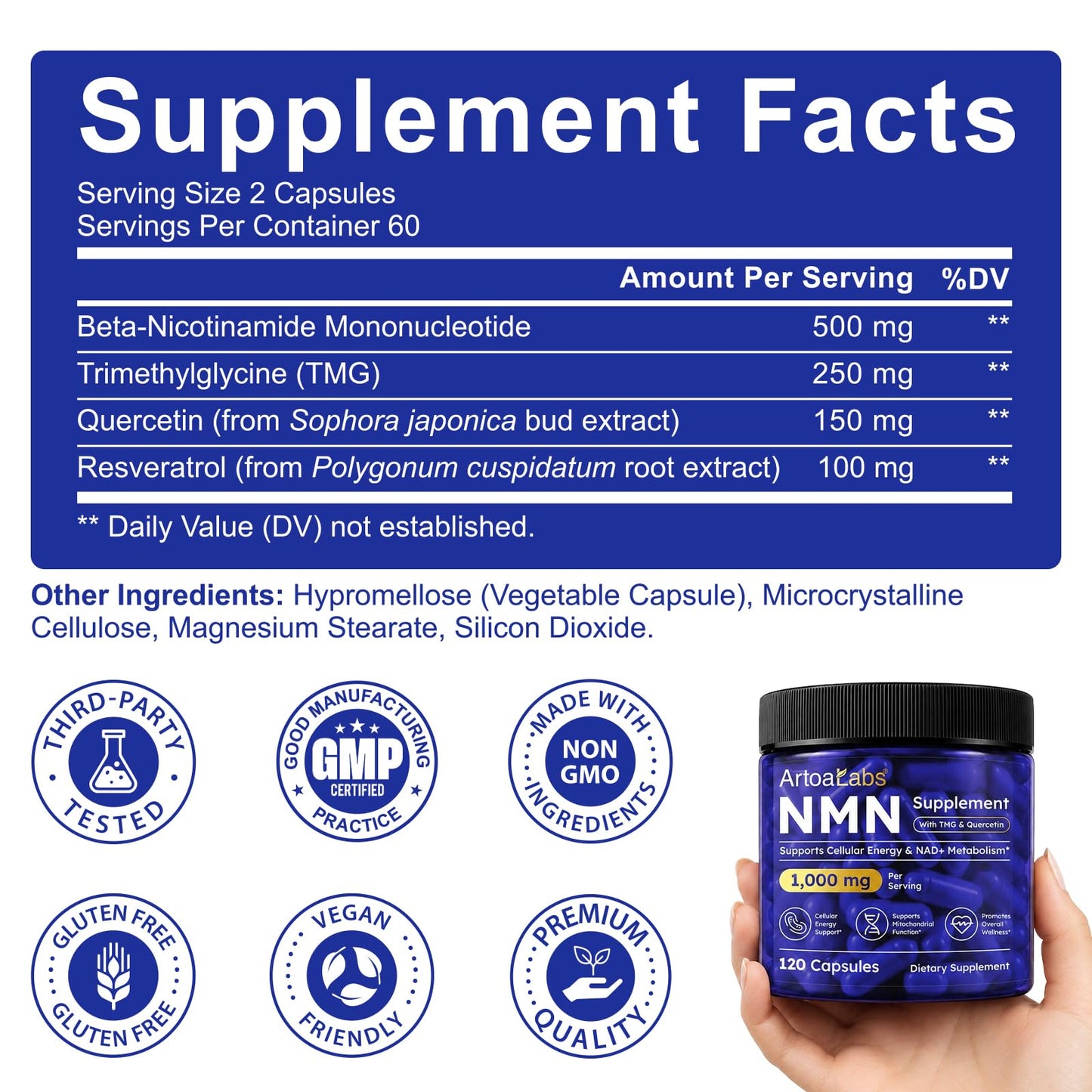 artoalabs NMN Supplement 1000mg, 4-in-1 NAD Supplement with Quercetin, TMG, Resveratrol, NMN, NAD+ Support & Optimizer for Cellular Energy, Capsules, 120 Capsules