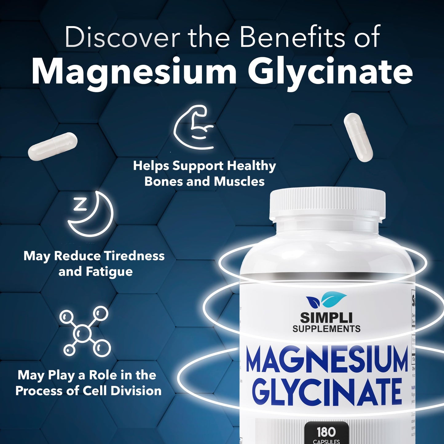 Simpli Supplements Magnesium Glycinate 400mg Capsule, High Absorption, Gentle on Stomach, Supports Sleep, Relaxation, Muscle, Bone & Immune Health, Non-GMO, Vegan, 180 Capsules