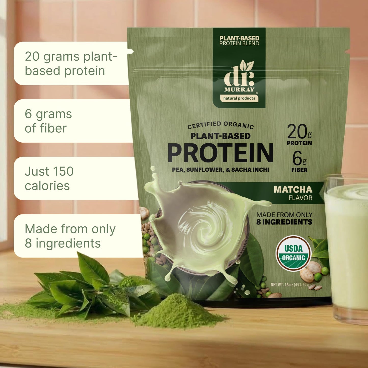 Dr. Murray Natural Products Organic Plant Based Protein Powder Matcha 1 lb, 16 Servings