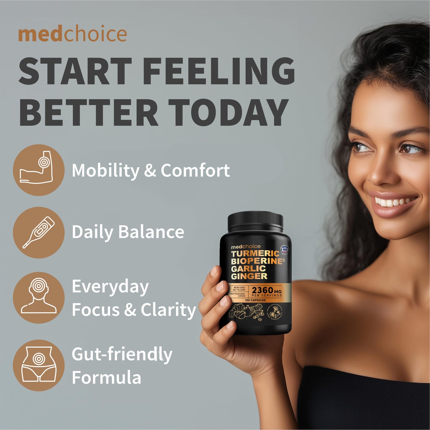 MEDCHOICE 4-in-1 Turmeric Joint Support with Garlic and BioPerine, 2360 mg High Potency Herbal Blend for Mobility, Everyday Flexibility, Digestive Comfort, Active Aging Support, 240 Capsules