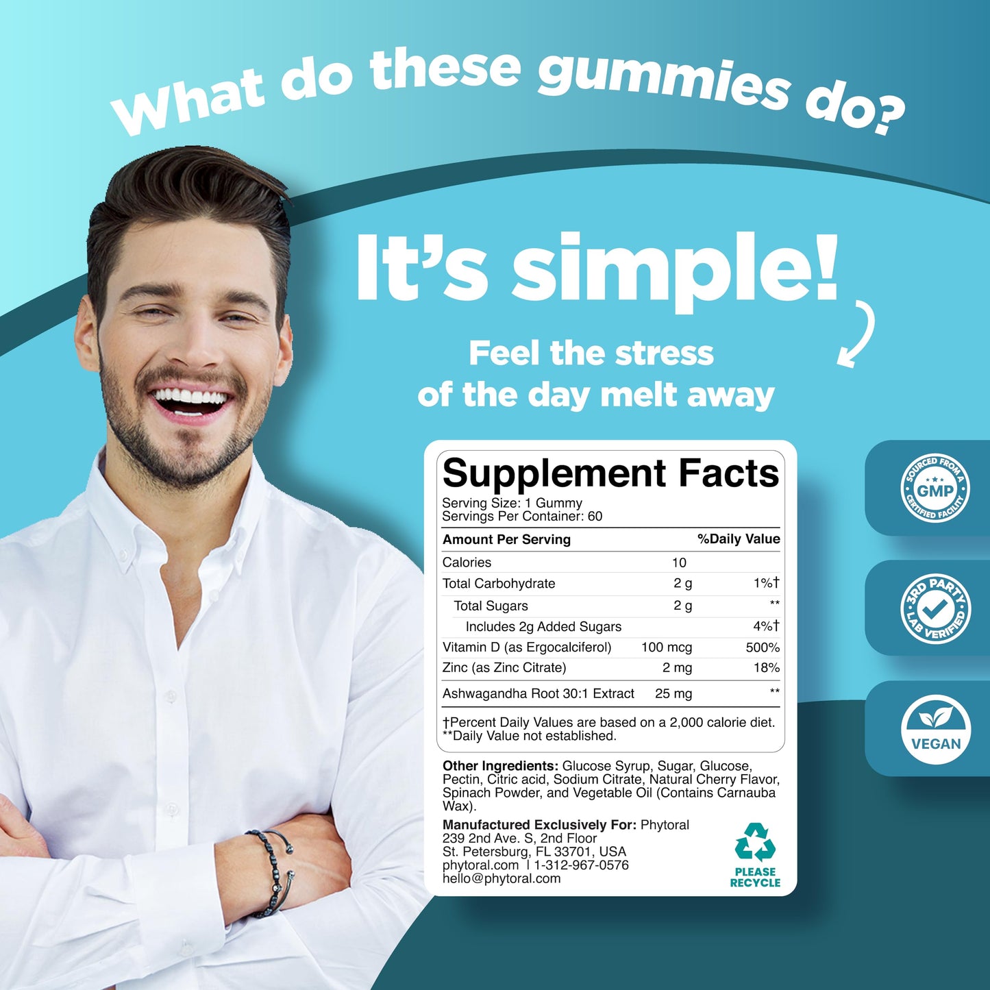 Phytoral Ashwagandha Gummies Chewable with Zinc & Vitamin D, 60 Count