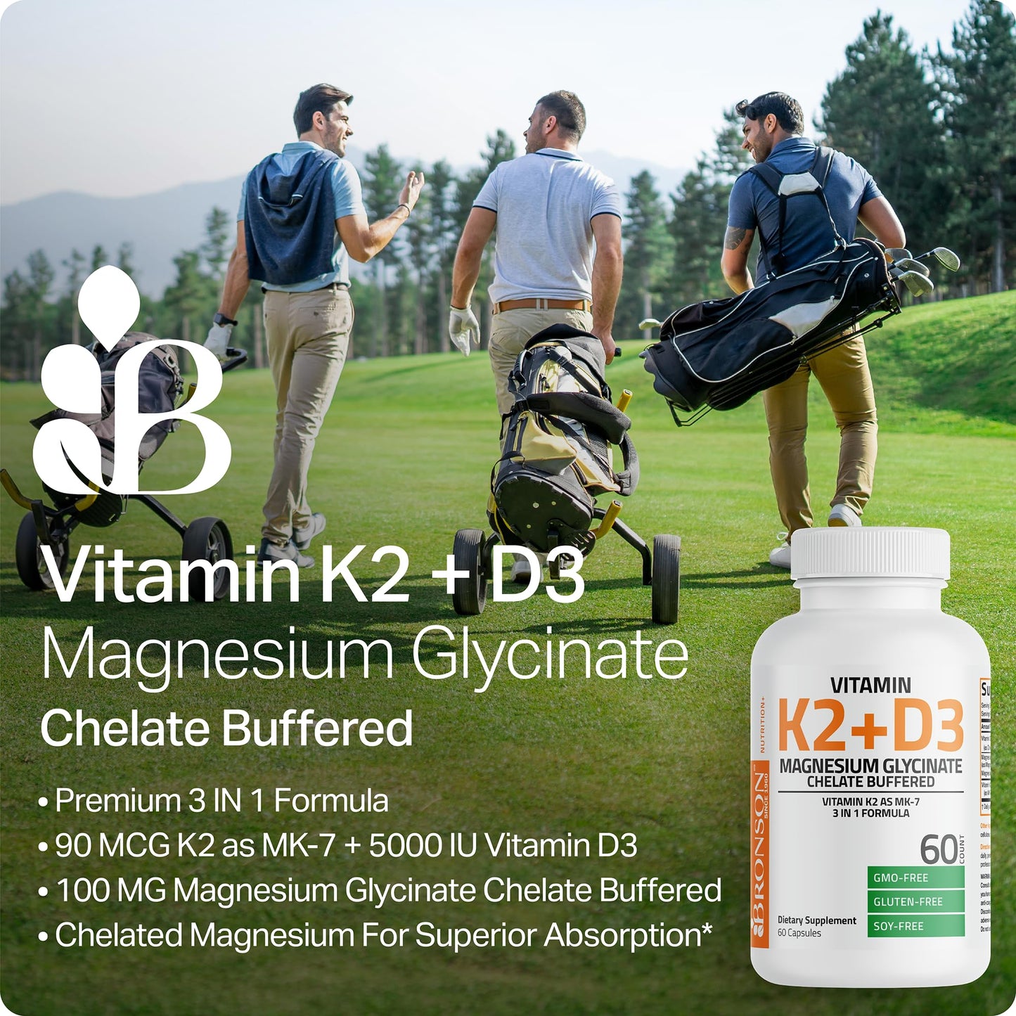 Bronson Vitamin K2+D3 Magnesium Glycinate Supplement 3-in-1 Formula Capsule, 60 Count