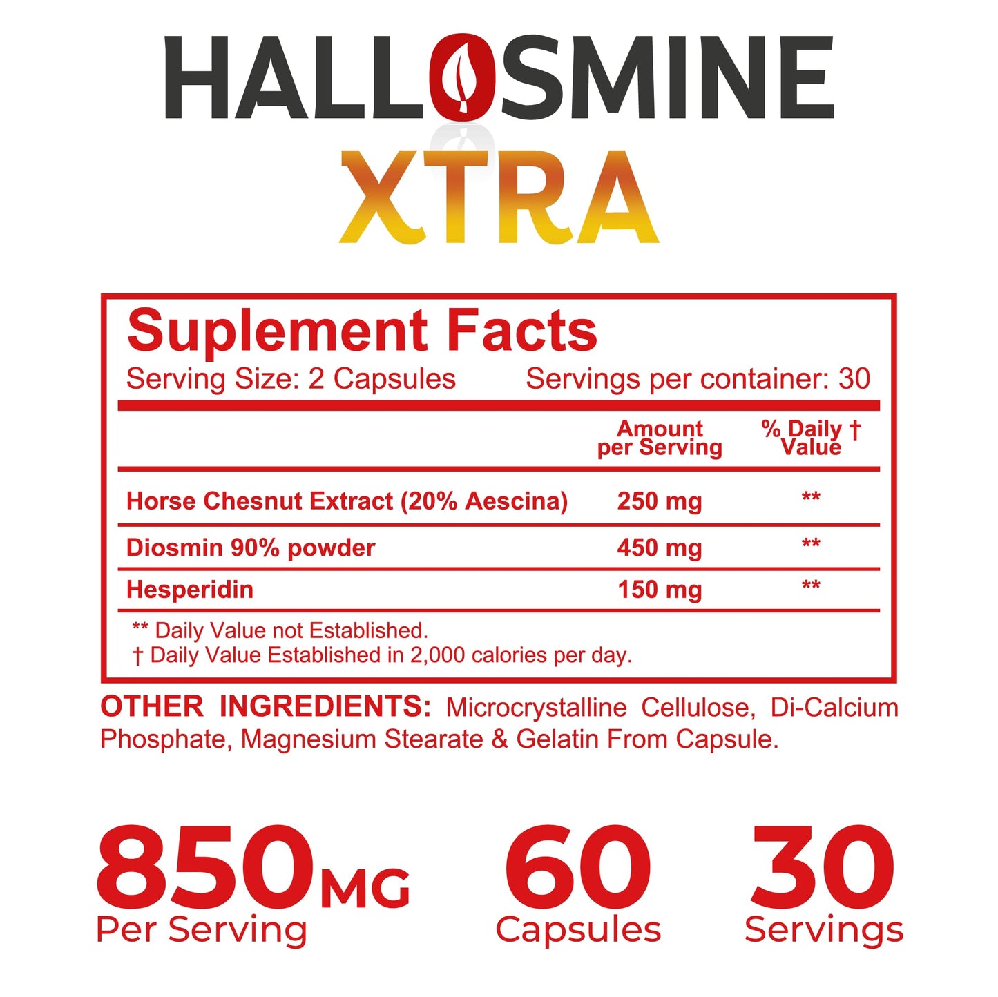 Hallusa Natural Hallosmine Xtra 850mg Diosmin Hesperidin & Horse Chestnut Capsules 60 Count