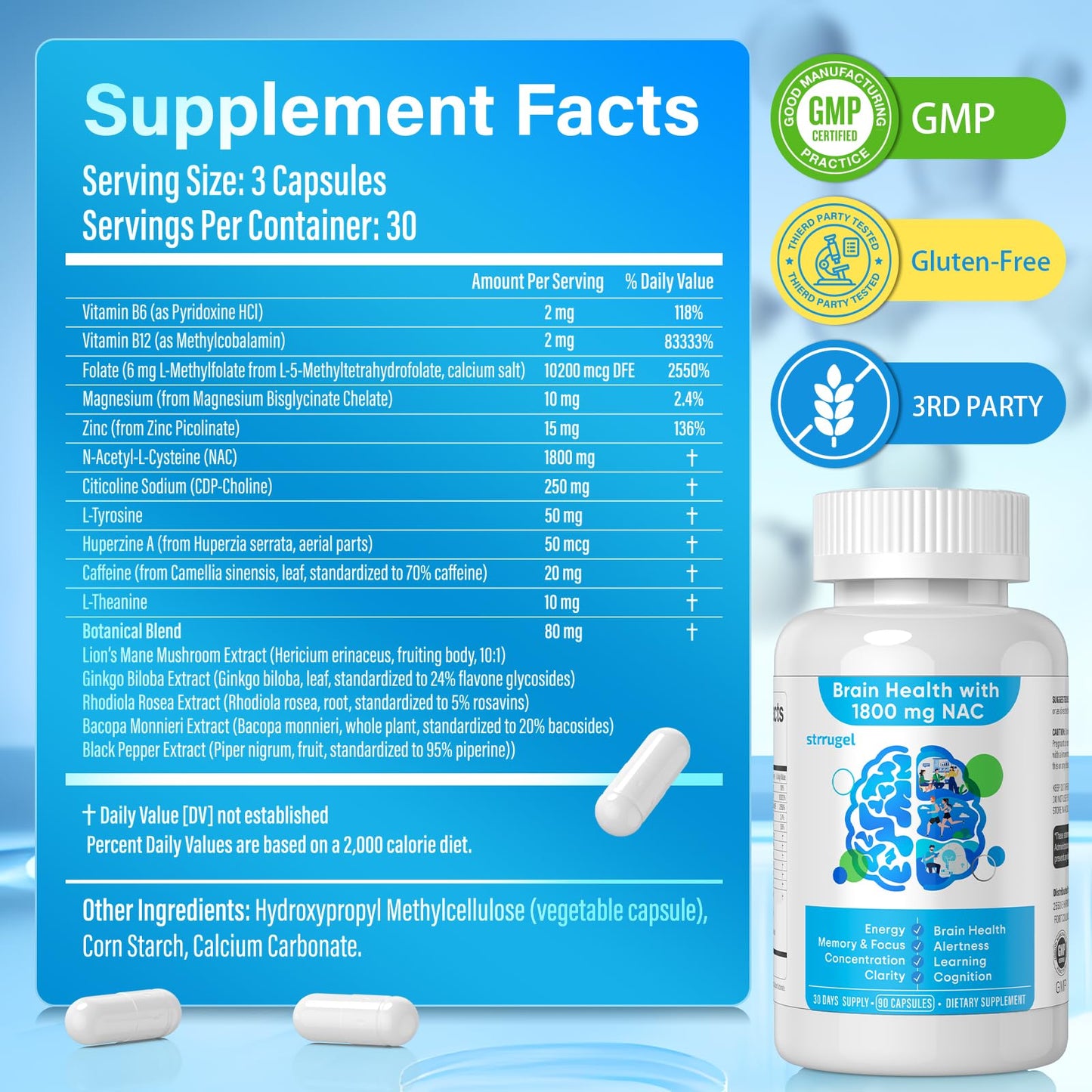 strrugel NAC Brain Supplement 1800mg – N-Acetyl Cysteine with CDP-Choline, Lion’s Mane, Rhodiola & L-Theanine – Focus, Memory & Cognitive Support Capsules, 90 Count