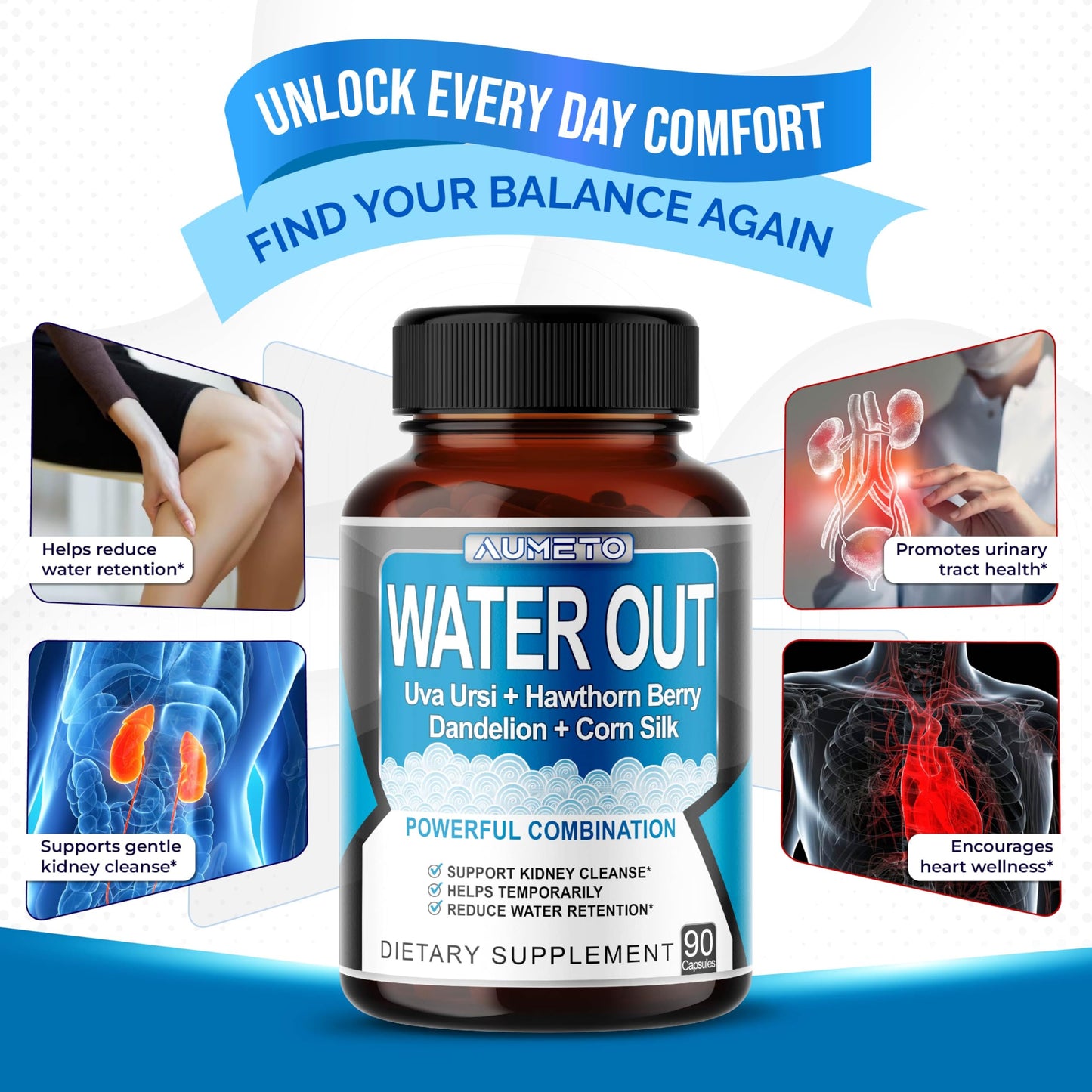 AUMETO Water Out Pills with Uva Ursi Hawthorn Berry Dandelion Corn Silk Capsule 90 Count