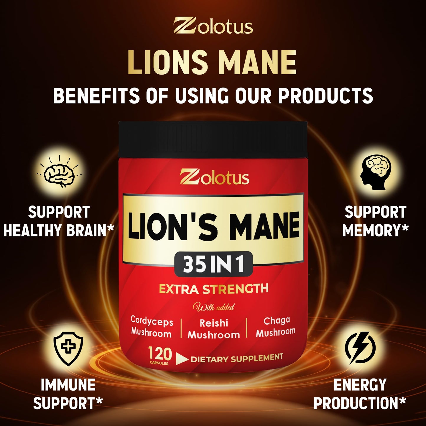 Zolotus 35-in-1 Lions Mane Mushroom Capsules Cordeyceps, Reishi, Elderberry, Ashwagandha, Panax Ginseng 120 Capsules