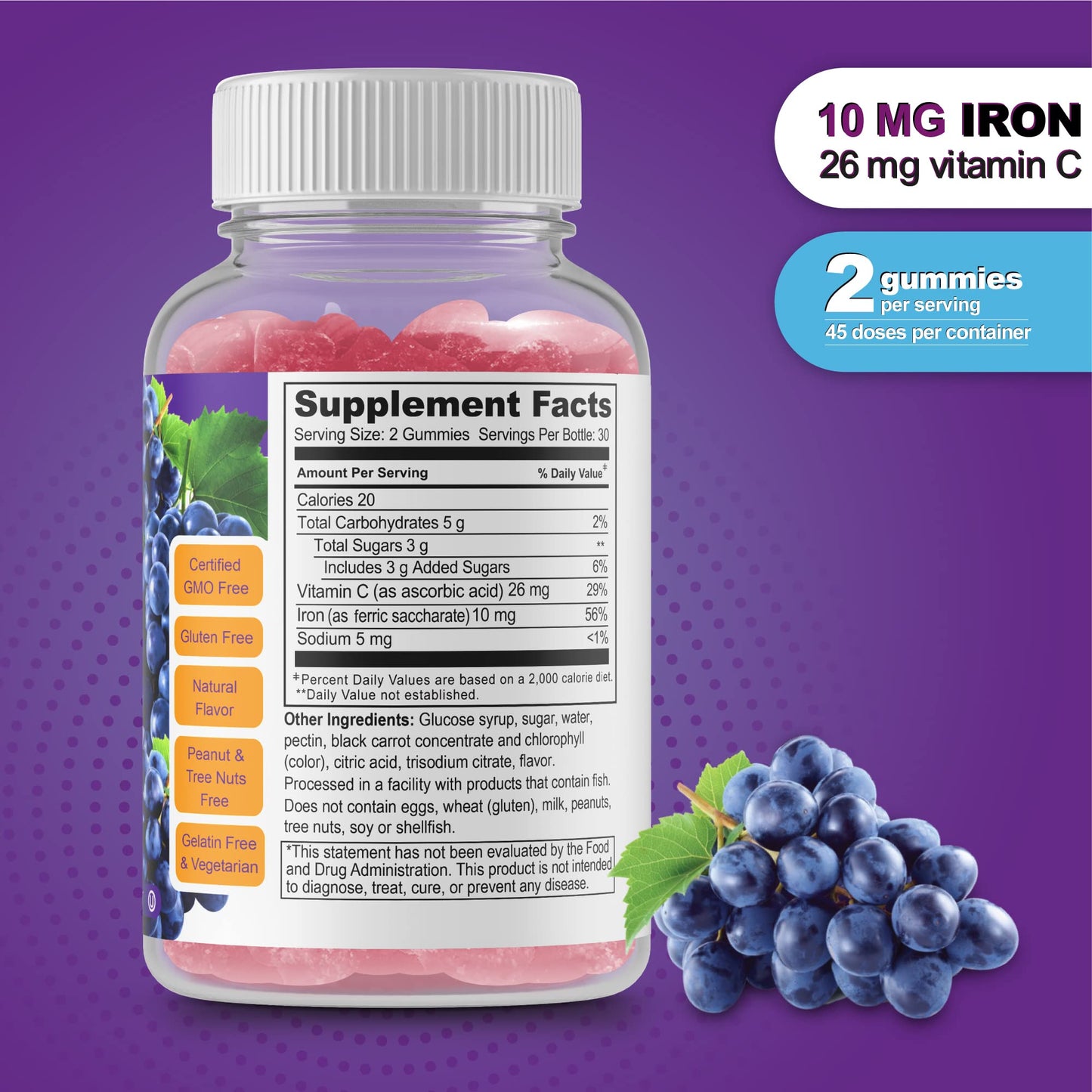 Doctors Finest Iron 10mg Vitamin C Gummies, 60 Gummies