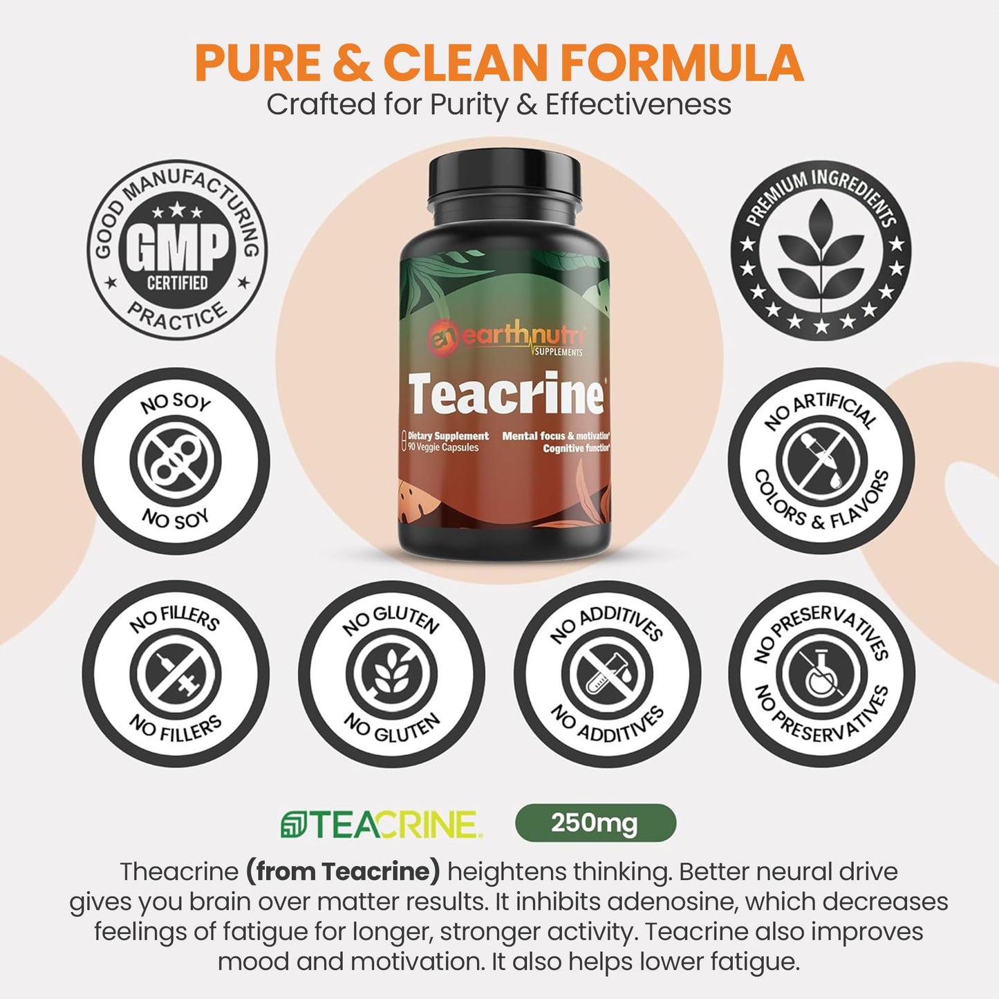 EarthNutri Theacrine Energy and Focus Supplement Capsules, 90 Capsules