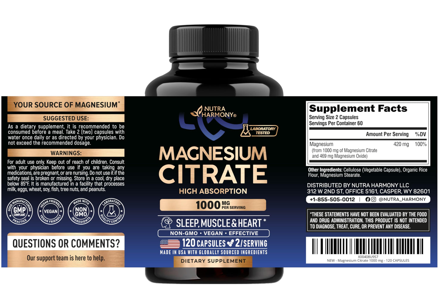 NUTRAHARMONY Vitamin B Complex & Magnesium Citrate Capsules, 180 Count