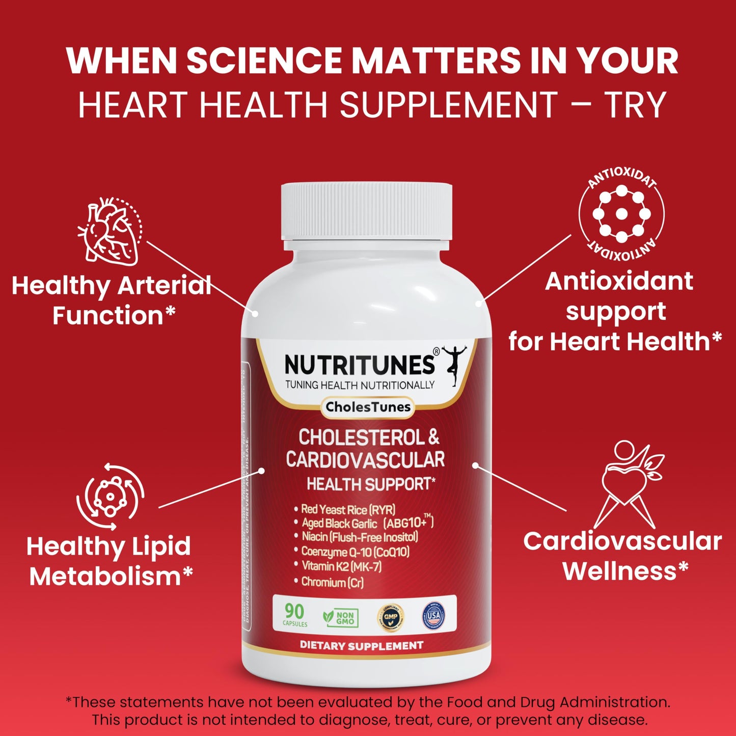 Nutritunes Cholesterol Support Supplement Red Yeast Rice, Aged Black Garlic & CoQ10 – Advanced Cardiovascular & Heart Health Support with Niacin, Chromium & Vitamin K2, 90 Capsules