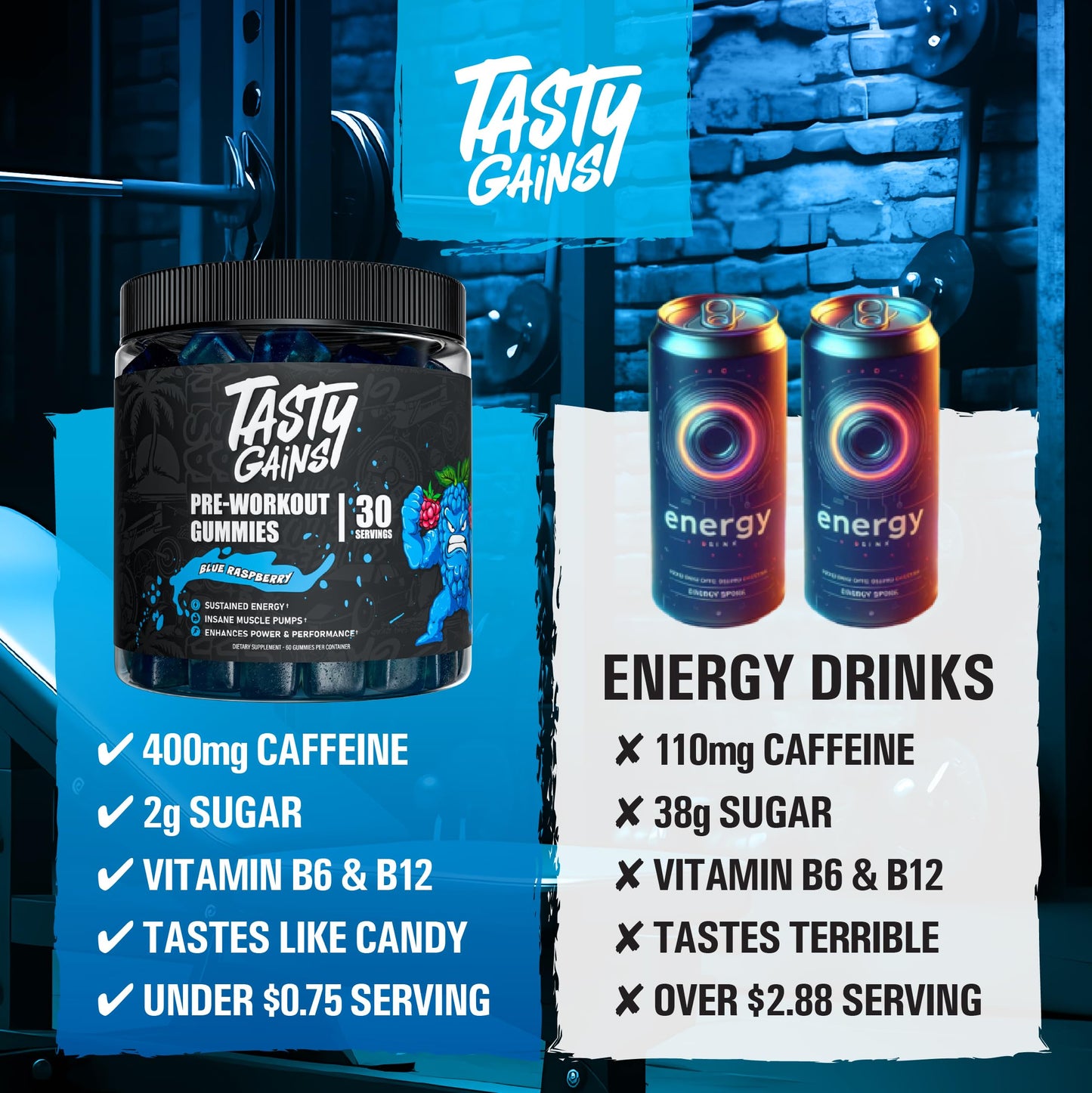 TASTY GAINS Pre-Workout Gummies – Energy & Focus, 200mg Caffeine, Fat-Burning Endurance, 60 Gummies