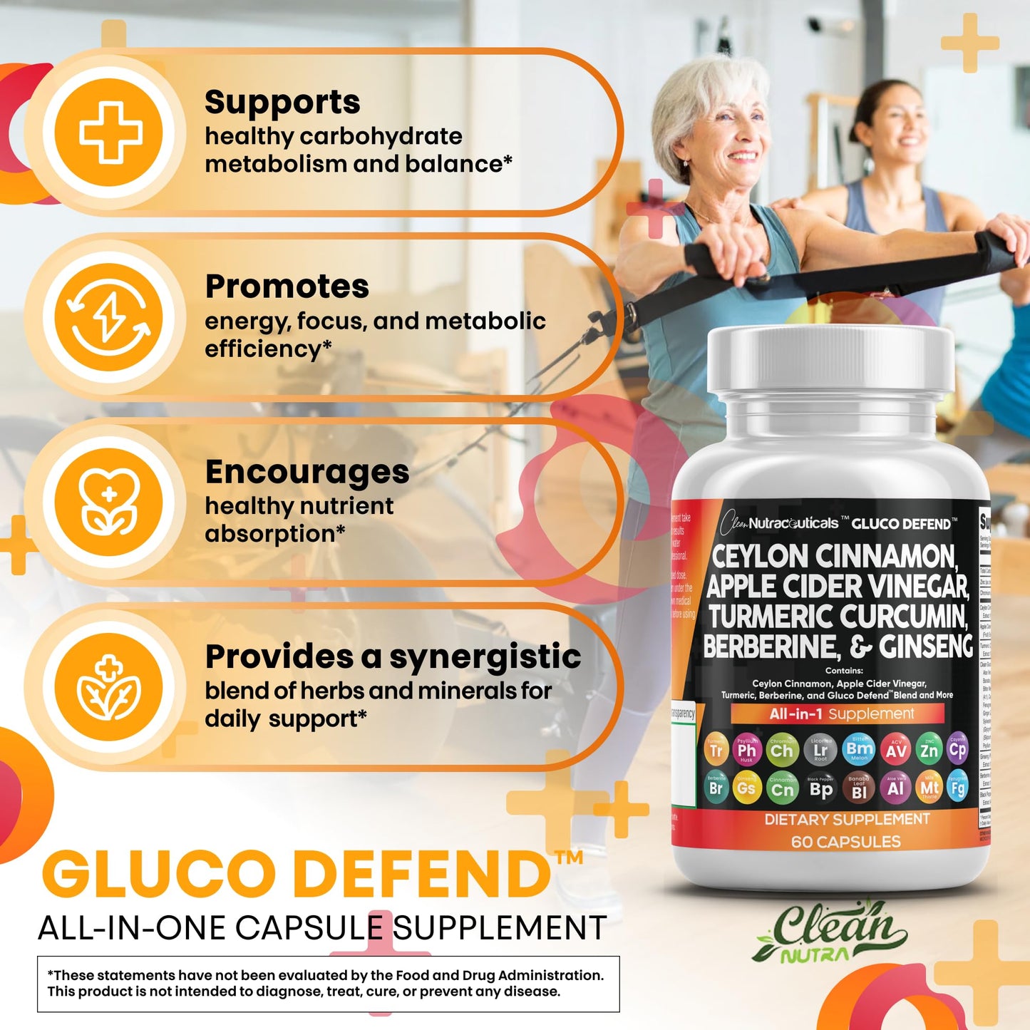 Clean Nutraceuticals Ceylon Cinnamon Capsules + Berberine Turmeric Apple Cider Vinegar Ginseng Bitter Melon Gymnema Milk Thistle Fenugreek Supplement, 120 Capsules