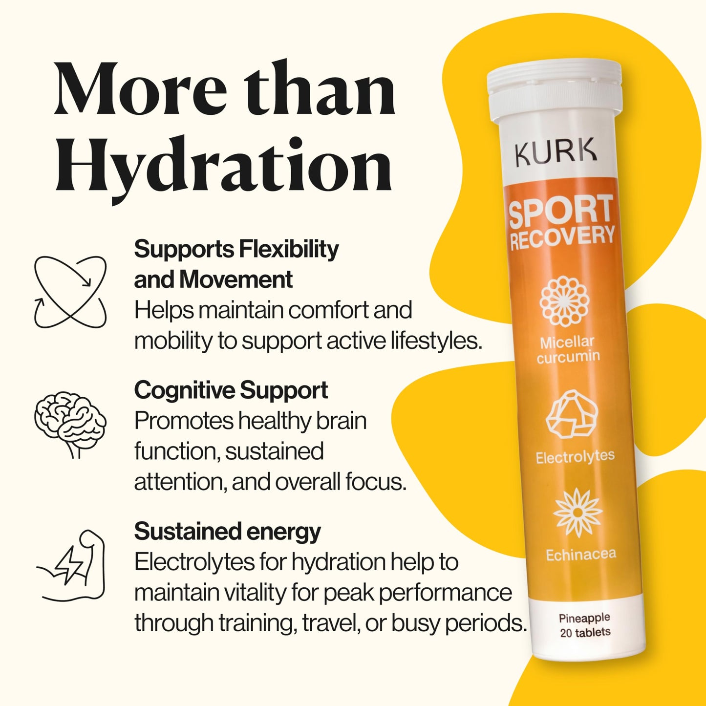 Kurk Sugar Free Electrolyte Tablets for Water, Hydration with Curcumin & Natural Ingredients, Pineapple, 185x More Absorbable Than Powders, 1 Tablet