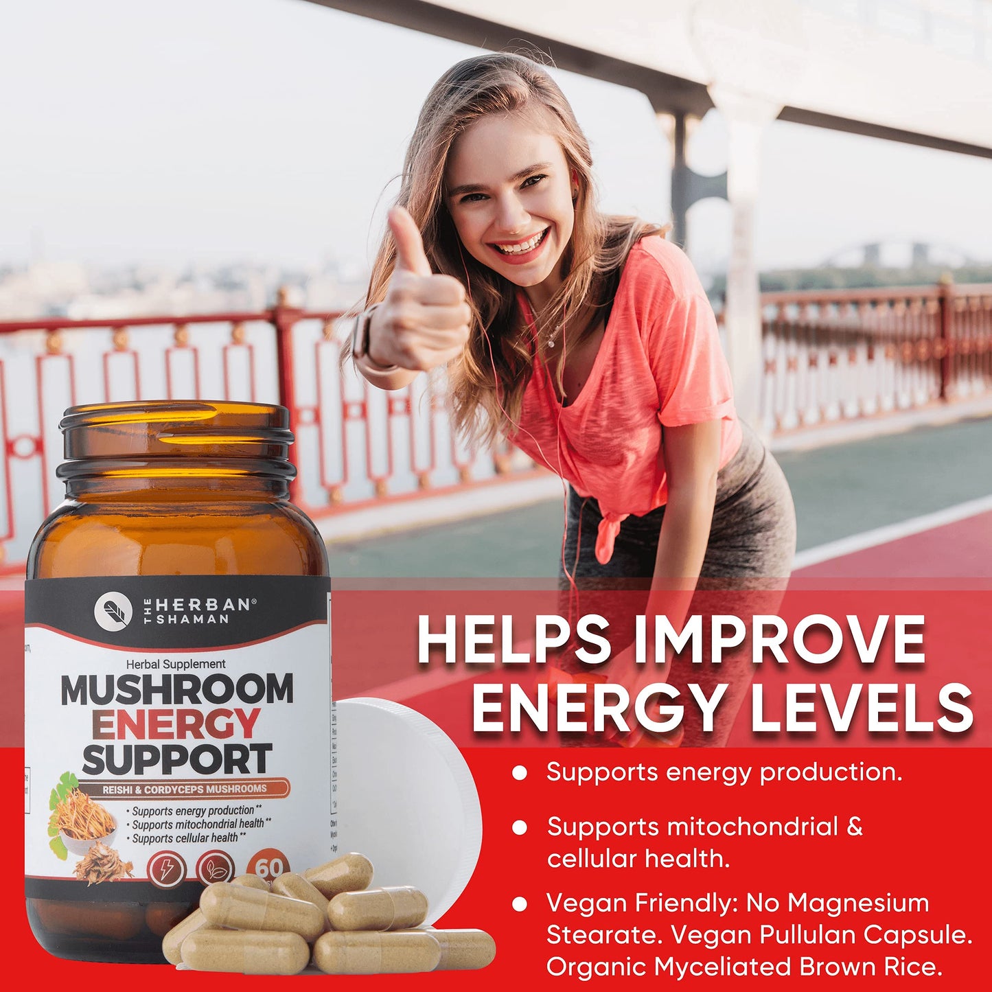 The Herban Shaman Mushroom Supplement Energy Support Capsules, 60 Capsules
