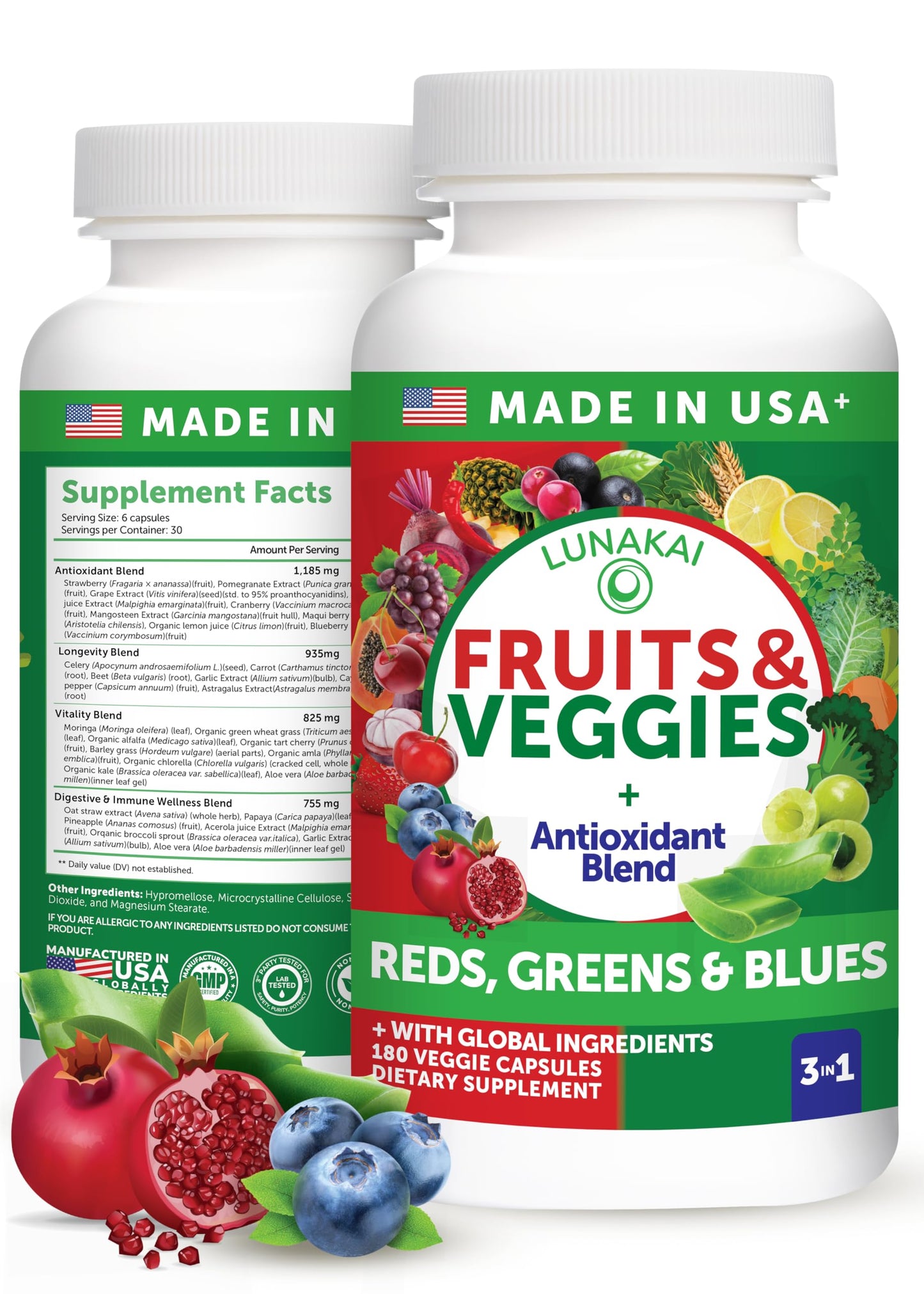 Lunakai USA Made Fruits & Veggies Supplement with 4 Superfood Blends 180 Capsules