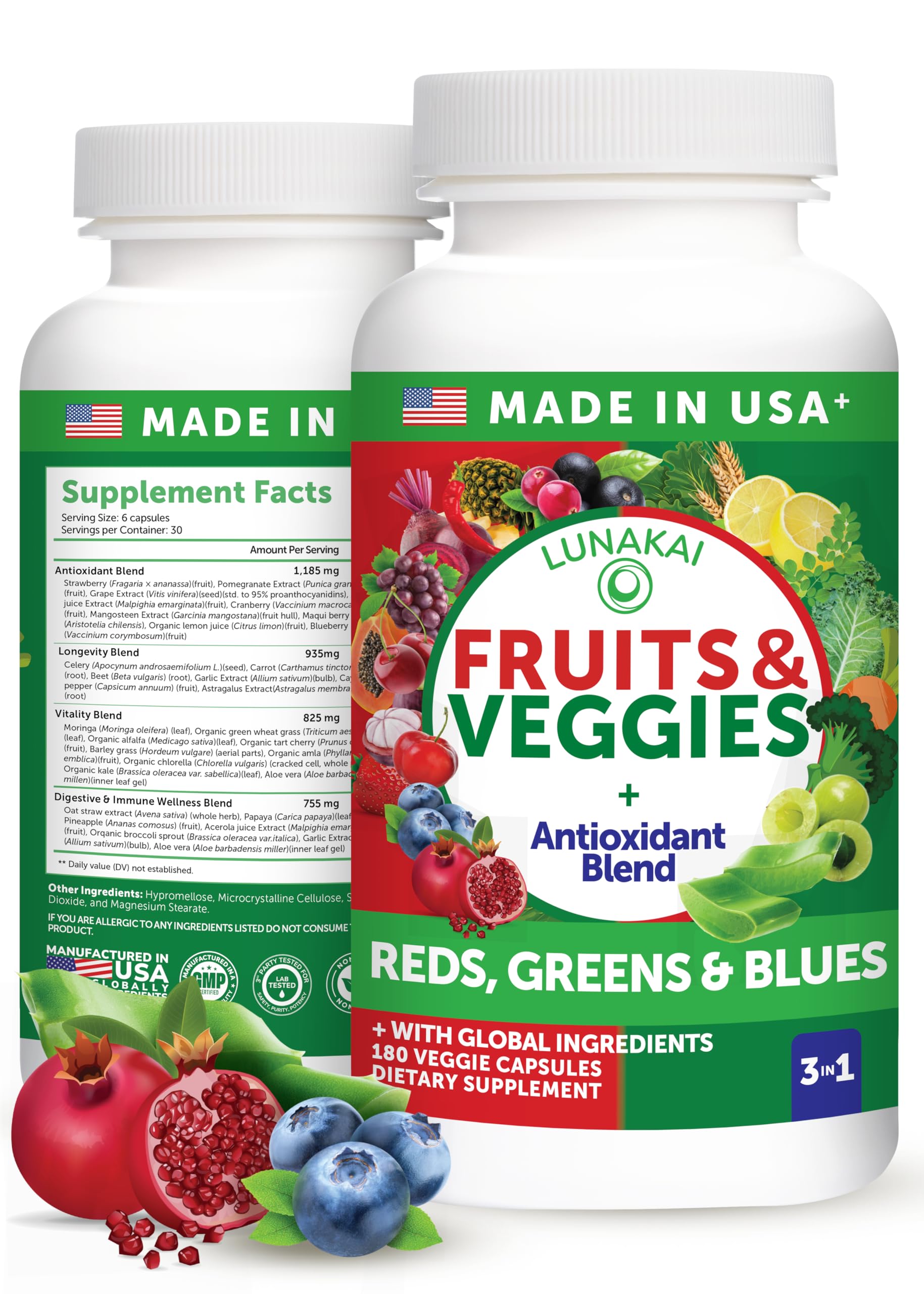 Lunakai USA Made Fruits & Veggies Supplement with 4 Superfood Blends 180 Capsules