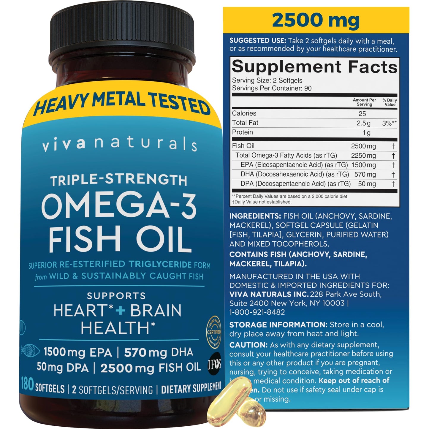 Viva Naturals Omega 3 Fish Oil Supplement for Women and Men - 2500 mg Triple Strength per Serving with EPA, DHA, DPA - 180 Softgels