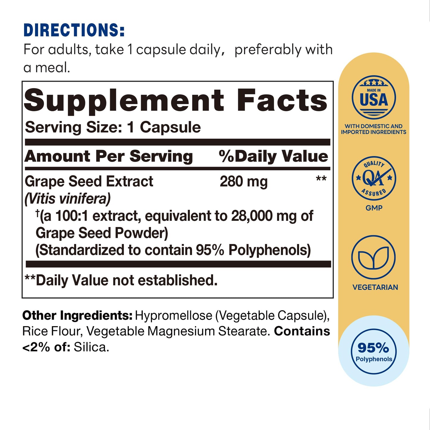 Vitamin World Grape Seed Extract, 95% Polyphenols, Vegetarian Capsule, 100