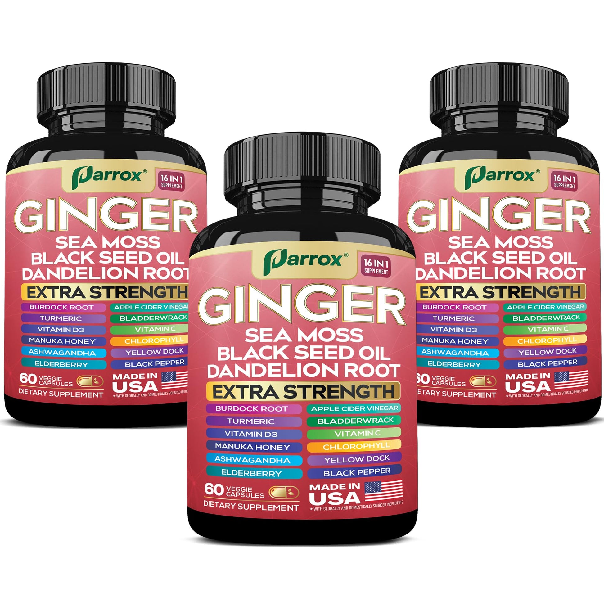 Parrox Ginger Sea Moss Herbal Supplement, 16-in-1 Black Seed Oil & ACV, 180 Capsules