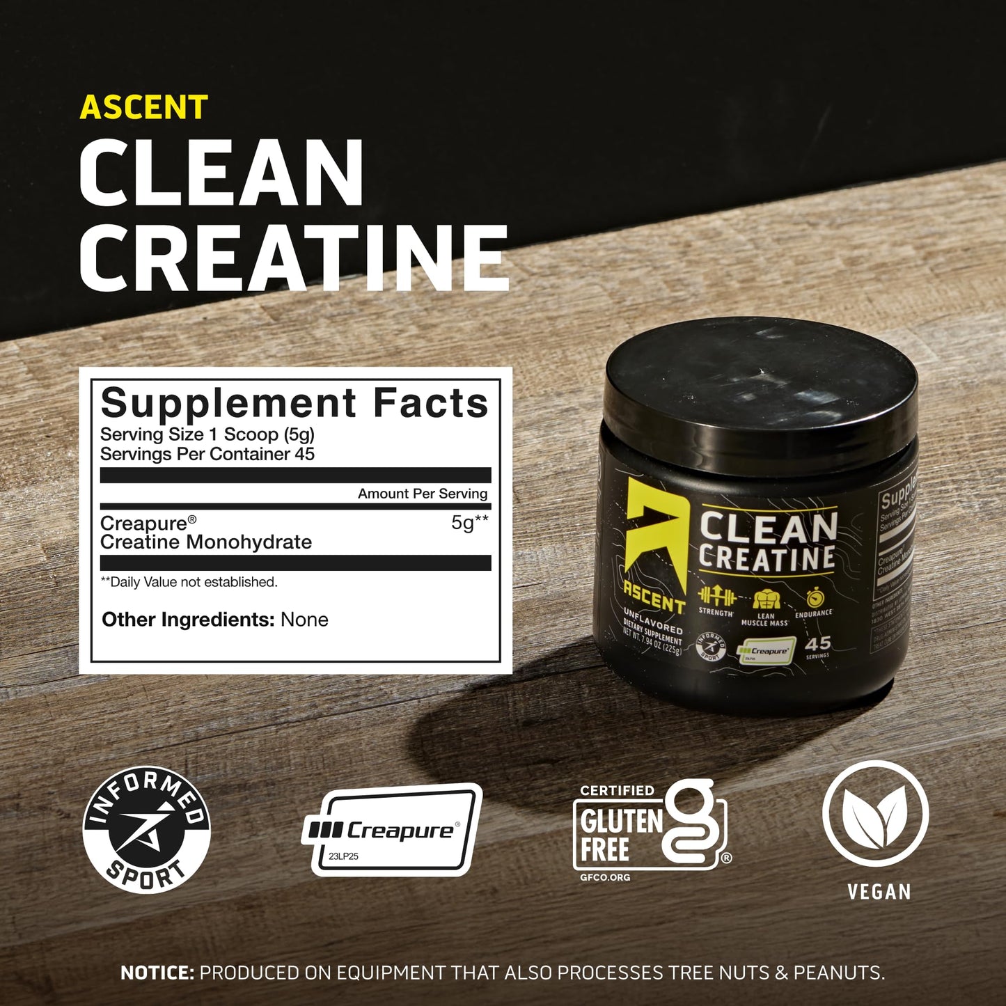 Ascent Clean Creatine Monohydrate, Creapure, Unflavored Powder, 45 Servings