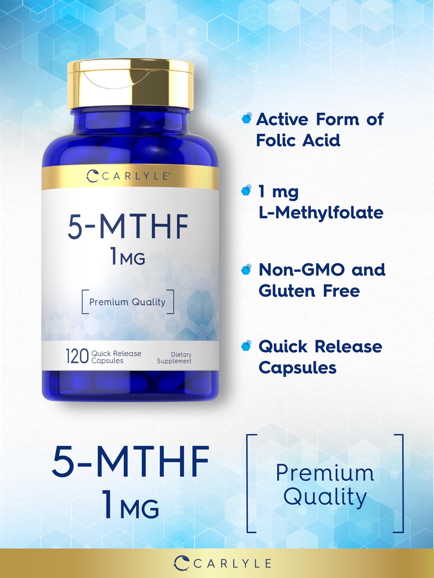 Carlyle 5-MTHF L Methylfolate 1mg Capsules, 120 Count, Non-GMO & Gluten Free