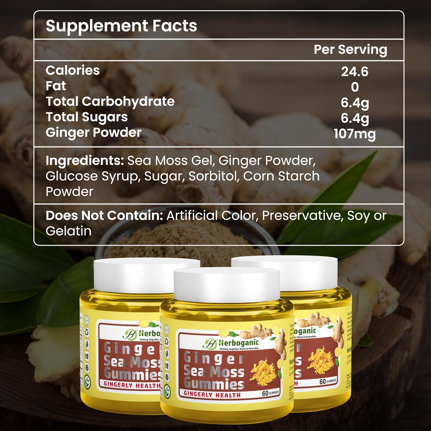HERBOGANIC Ginger Sea Moss Gummies 60 Count