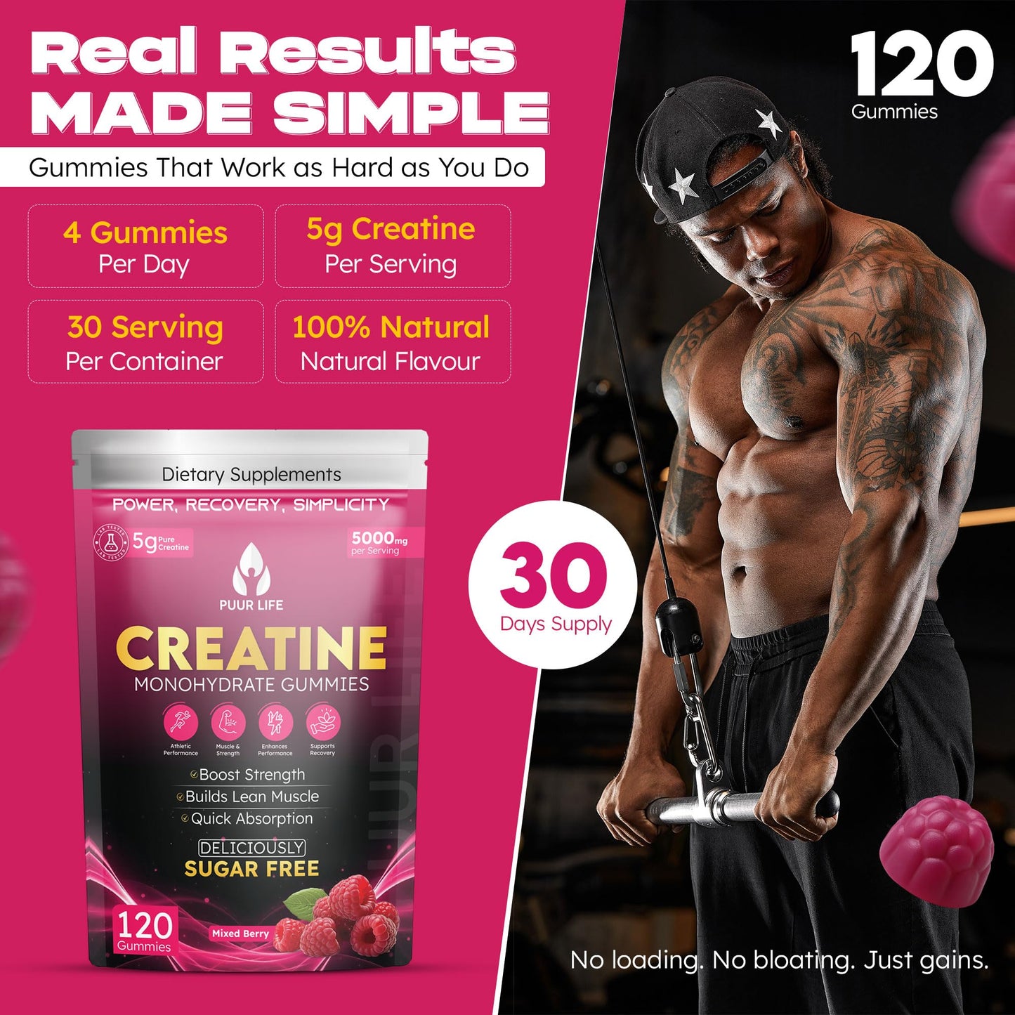 PUUR LIFE Creatine Monohydrate Gummies 5000mg, 120 Count