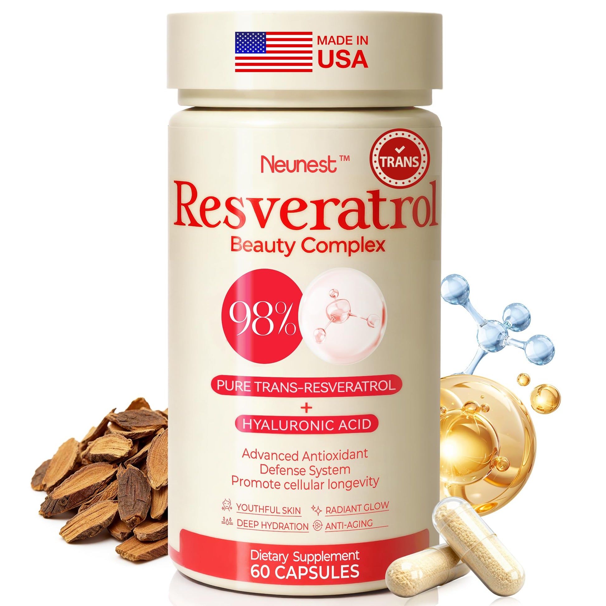 NEUNEST Resveratrol Supplement 98% High Purity Trans-Resveratrol Complex with Collagen Peptides & Hyaluronic Acid, Quercetin, Antioxidant Support for Skin & Beauty, Immune Health, Gluten-Free, 60 Capsules