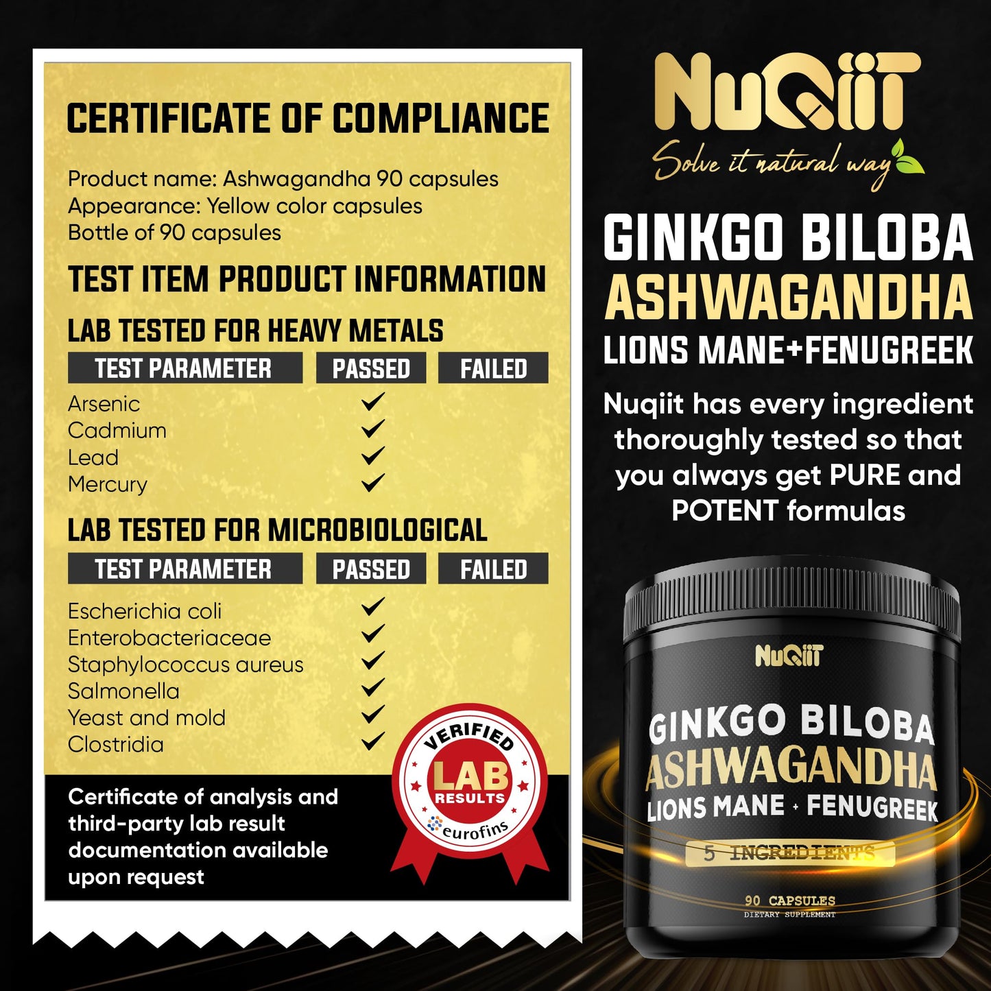 NUQIIT Ashwagandha Capsules with Fenugreek, Ginkgo Biloba, Apple Cider Vinegar & Bladderwrack – Brain Health & Immune Support, 90 Vegan Capsules