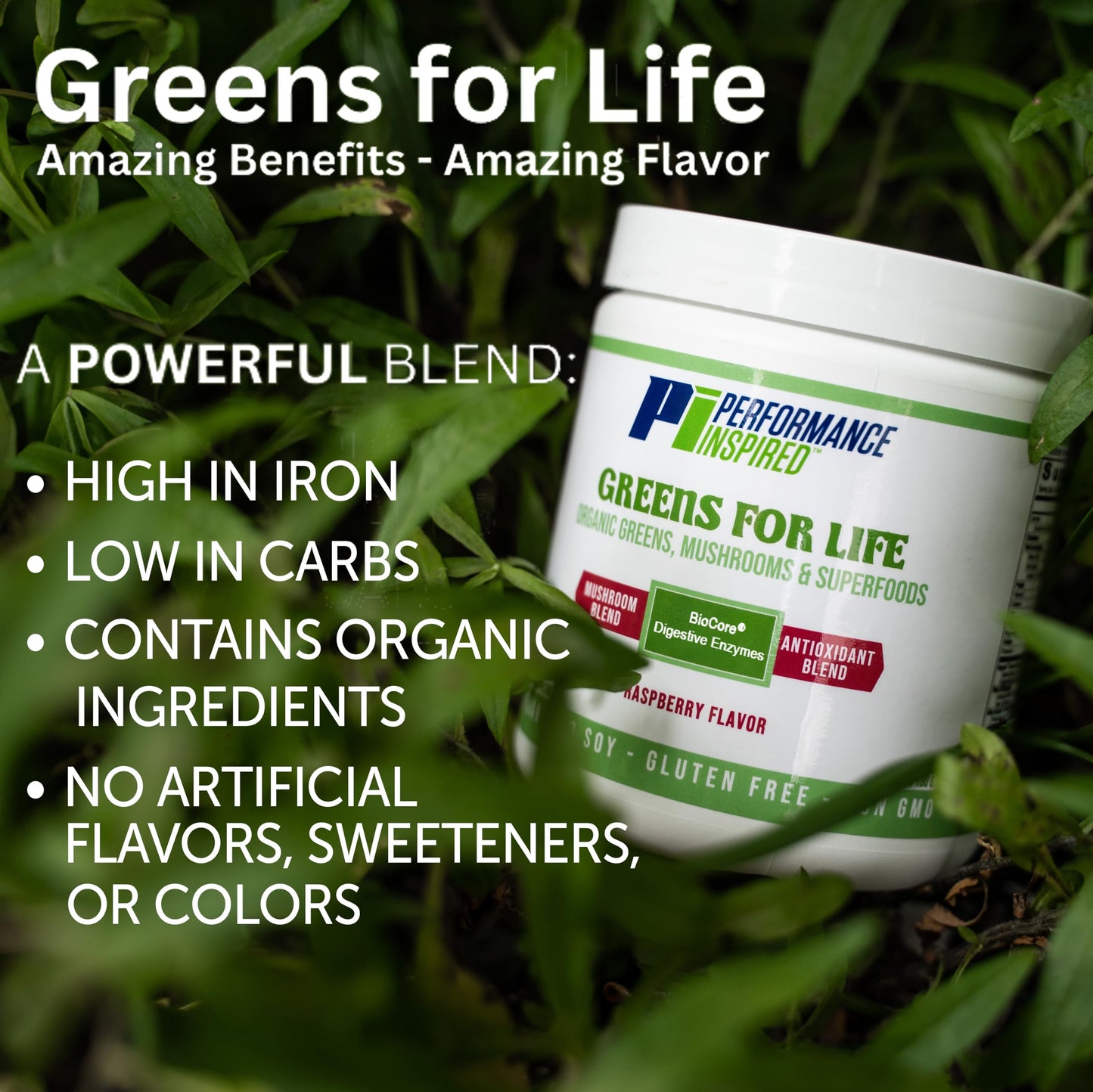 Performance Inspired Greens for Life Organic Greens, Mushrooms, and Superfoods Powder 30 Servings
