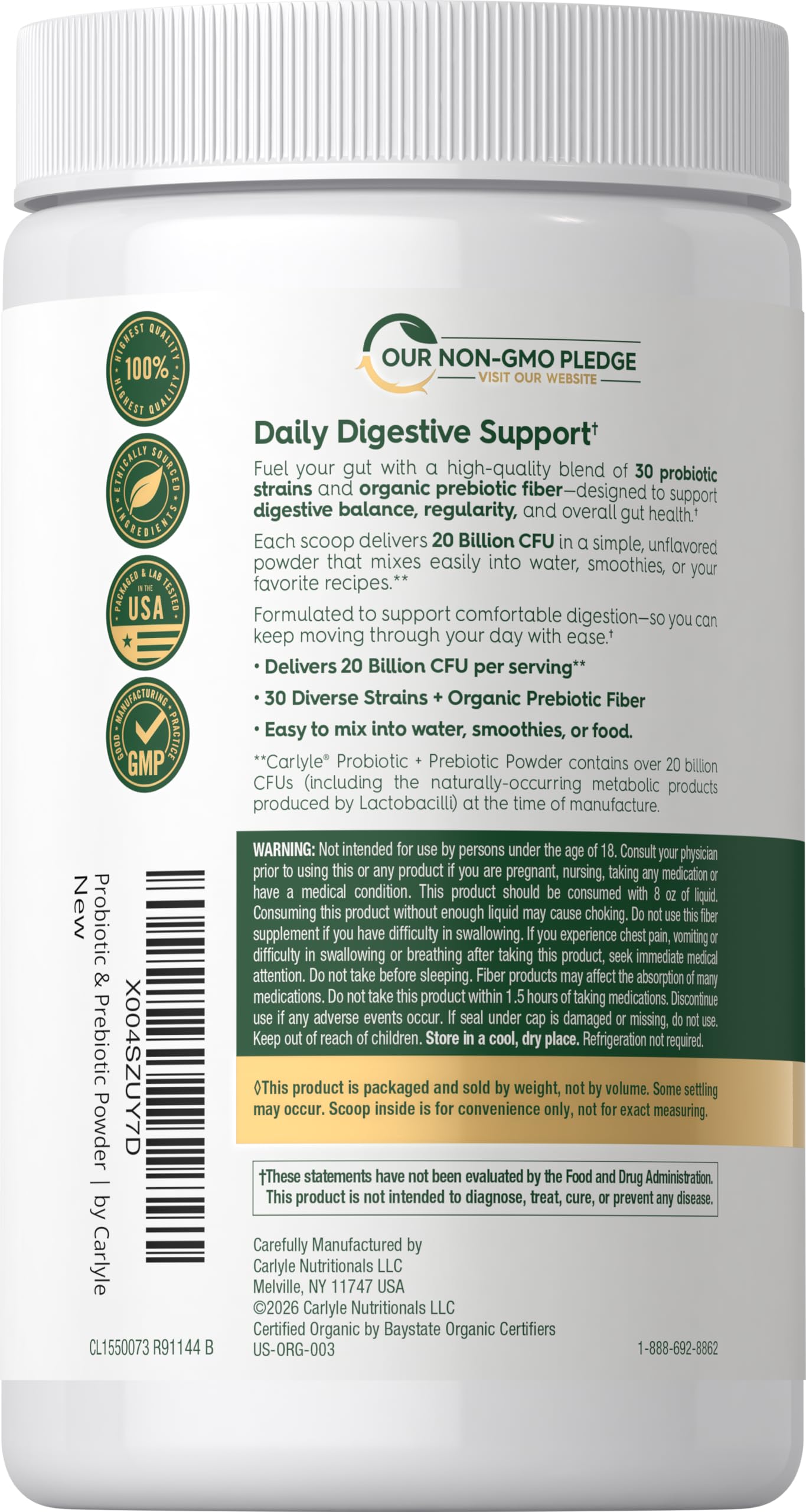 Carlyle Probiotic and Prebiotic Powder 4.76 oz
