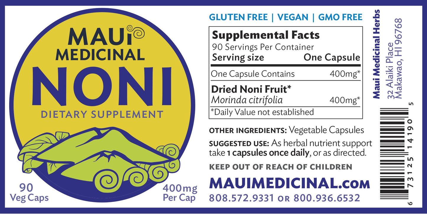 Maui Medicinal Herbs Kona Noni 90 Vcaps 400mg per Capsule, Organic Whole Fruit