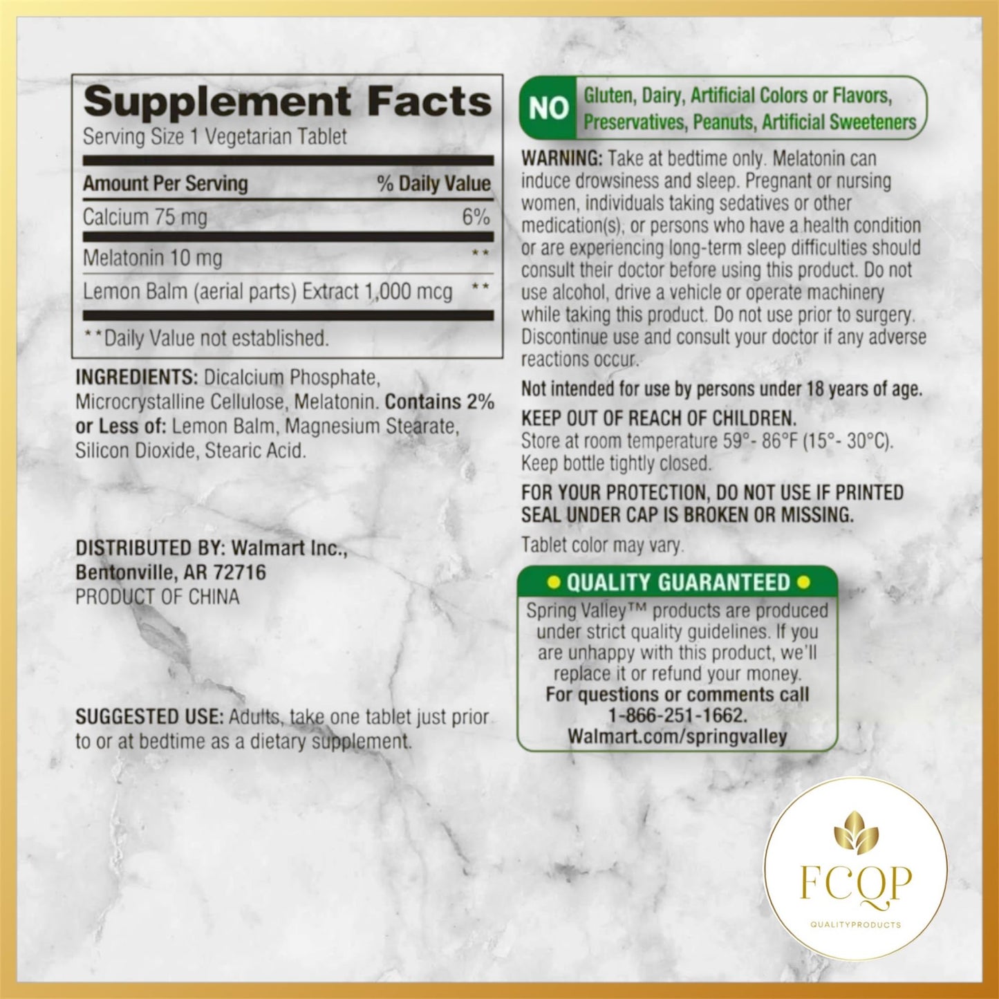 FCQP Melatonin 10mg Sleep Support with Lemon Balm Tablets 240