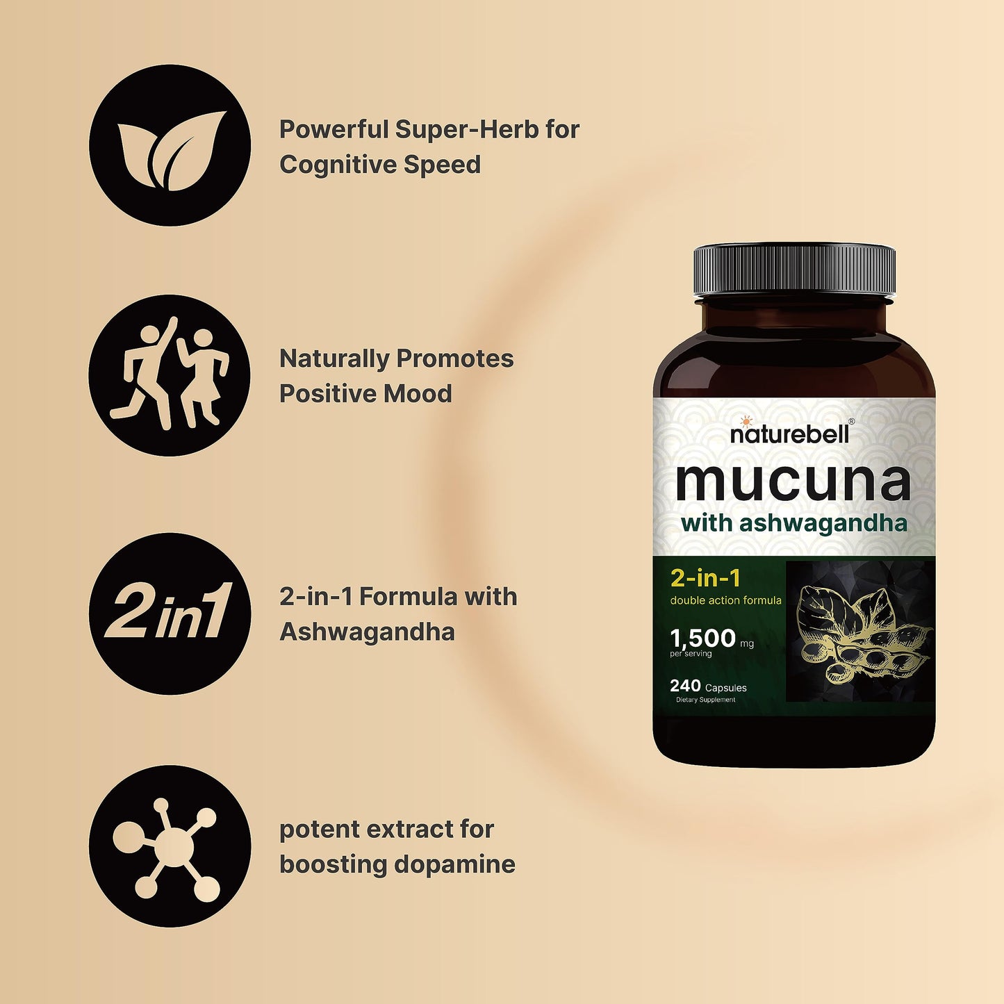 NatureBell Mucuna Pruriens Capsules, 1500mg per Serving, 240 Capsules