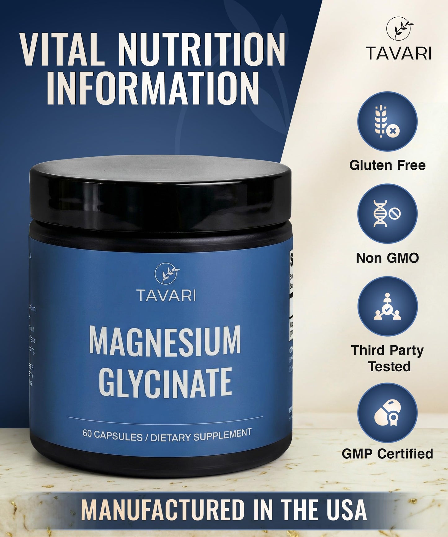 TAVARI Magnesium Glycinate for Muscle Relaxation, Mood Support and Clarity Capsules, 60 Capsules