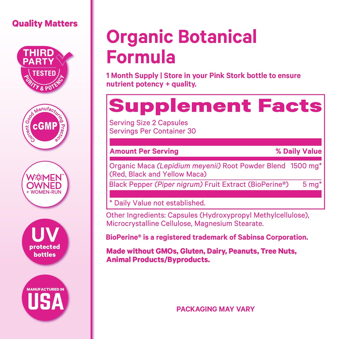 Pink Stork Maca Root Capsules for Women, Organic Maca with BioPerine, 60 Capsules