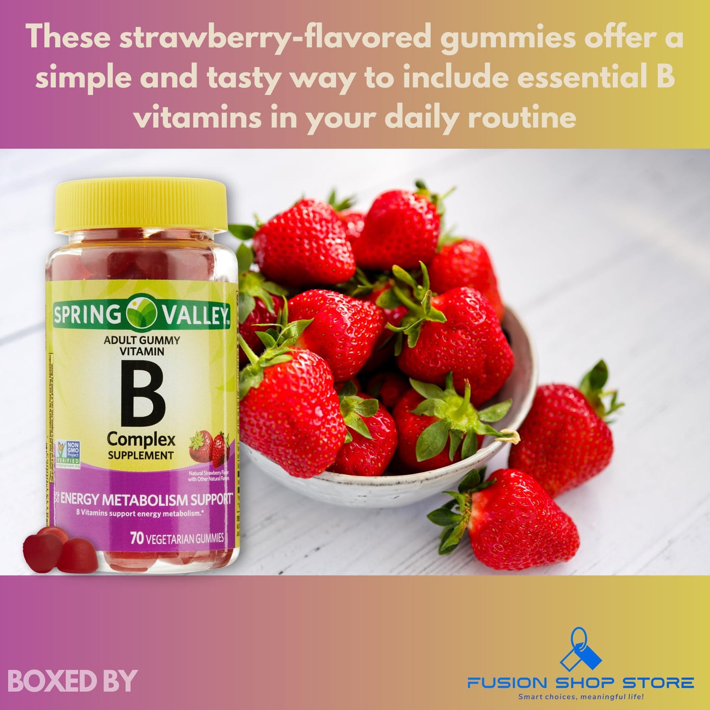 Fusion Shop Store Vitamin B Complex Gummies Strawberry 70 Count