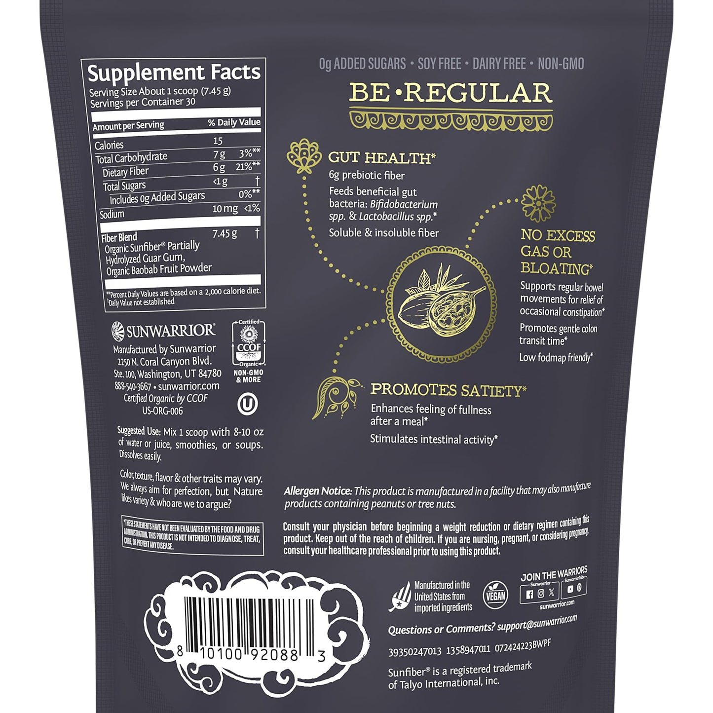 Sunwarrior Fiber Supplement Prebiotic Organic Powder, 7.4 Ounce