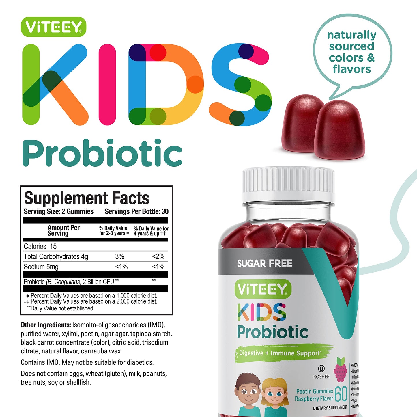 Viteey Probiotic Gummies for Kids, 2 Billion CFUs, 60 Count