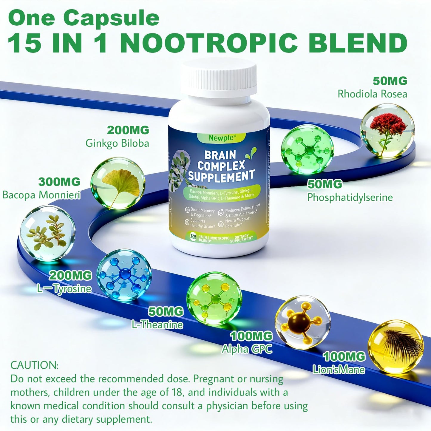 Newpie Brain Supplements for Memory & Focus Capsules, 120 Count