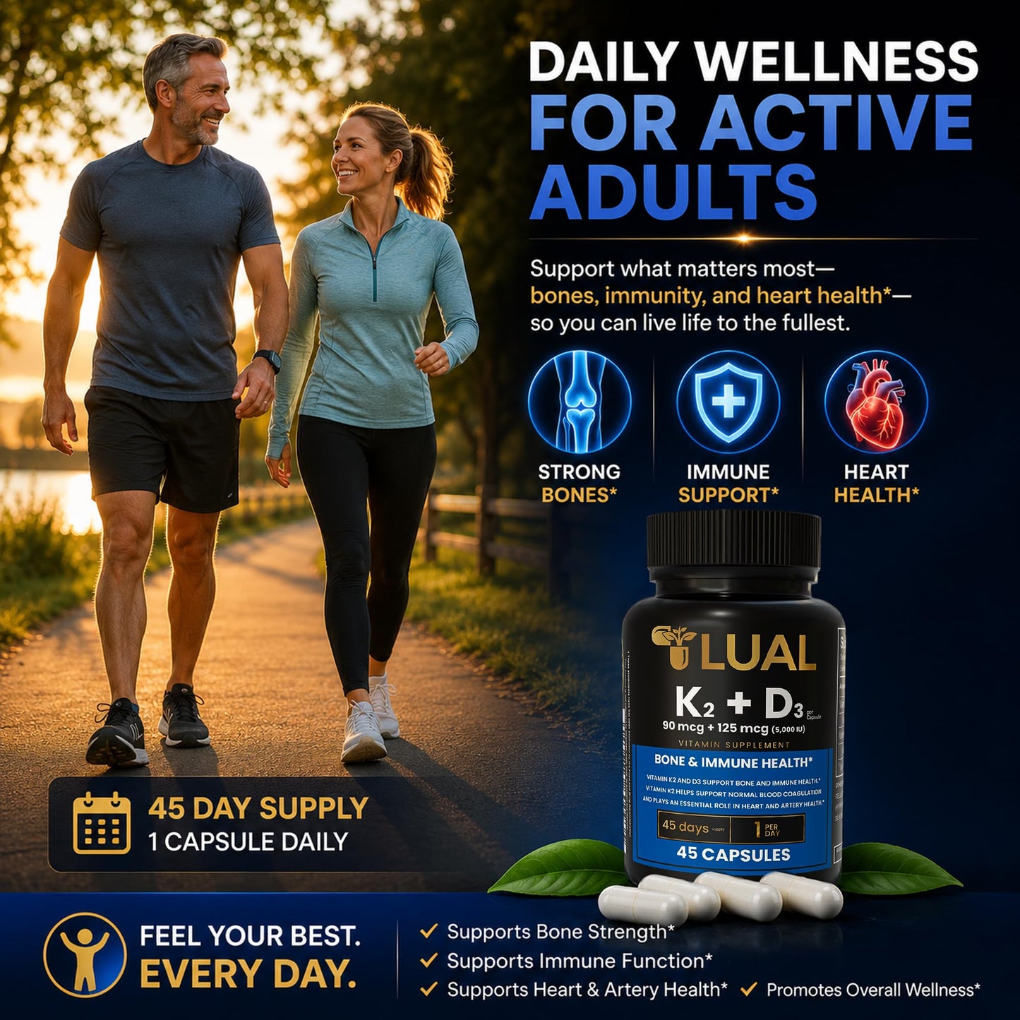LUAL Vitamin K2 + D3 Supplement 45 Capsules