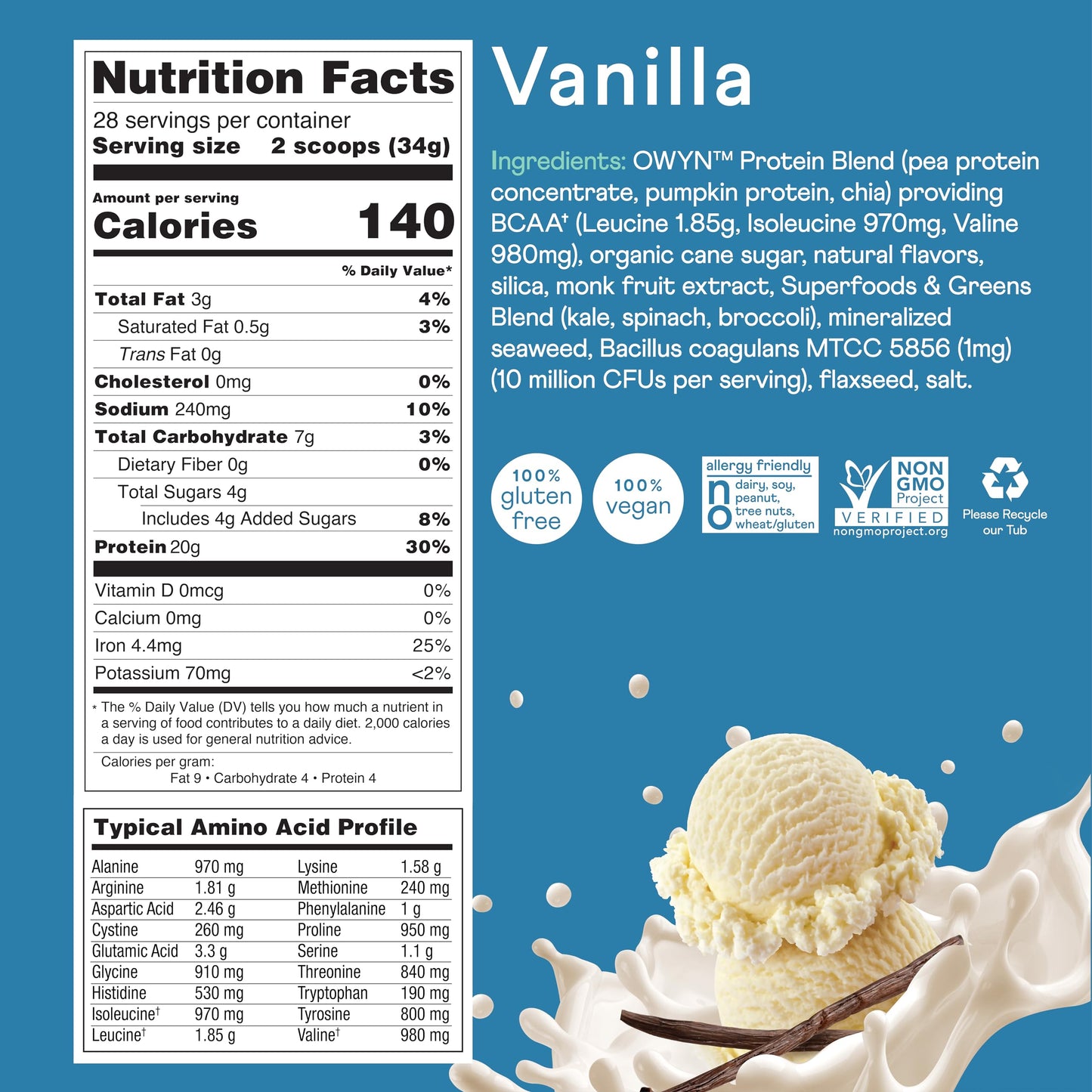 OWYN Only What You Need Vanilla Plant-Based Protein Powder, 2 lb